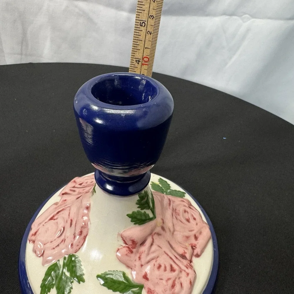 Vtg 1970s Hand Painted Folk Art Pottery Candle Stick Holders Pair‎ of 2